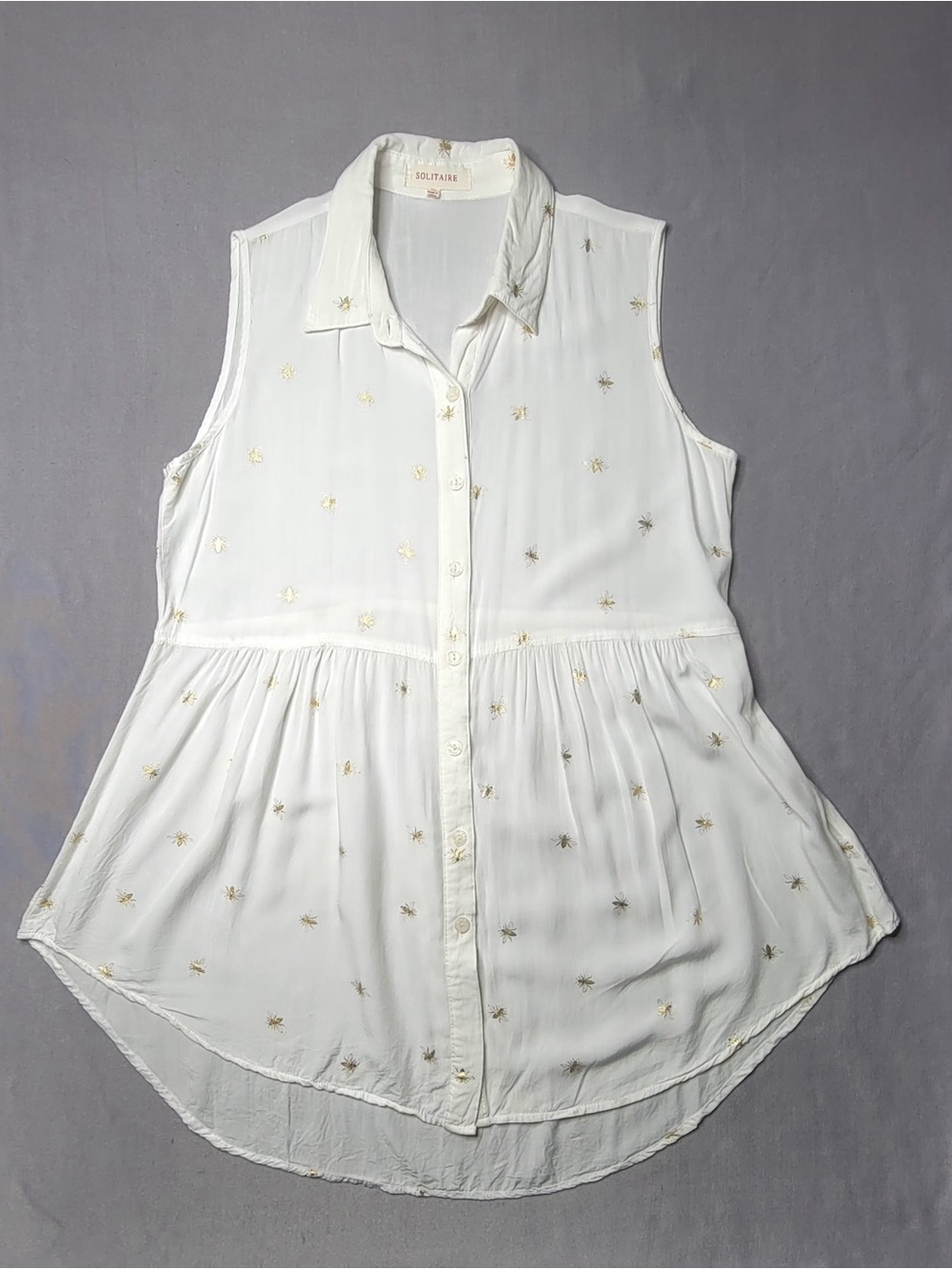 Solitaire women's Cream Sleeveless Button-Front Tunic with Gold Star Embroidery